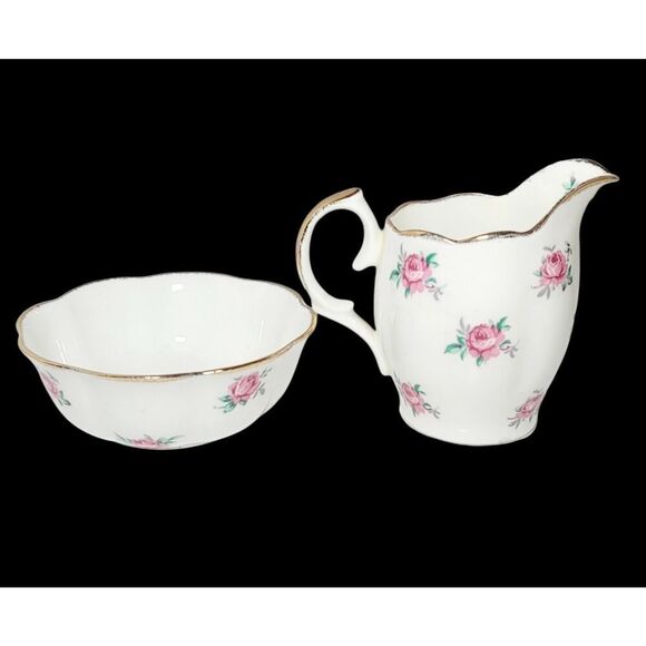 Vintage Jason Creamer and Open Sugar Bowl Pink Bud Roses Gold Trim England - Picture 3 of 8
